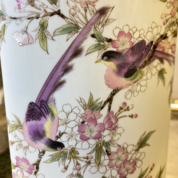 Vtg Unique Shaped Japan Vase Birds Perched On a Cherry Tree Branch Hand Painted - Picture 5 of 10